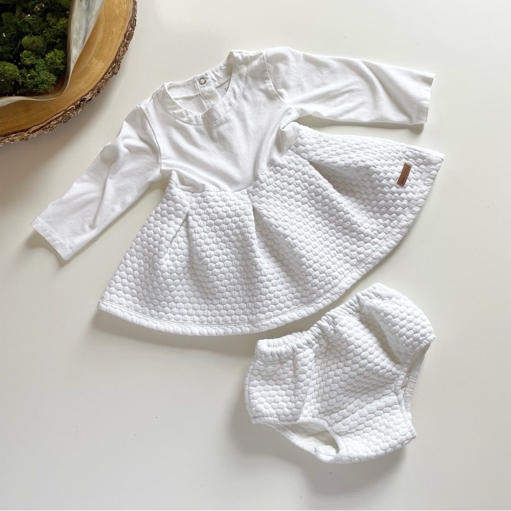 Robeez White Jersey & Jacquard Twirl Dress and Bloomers | 6-9m (Flaw Noted)